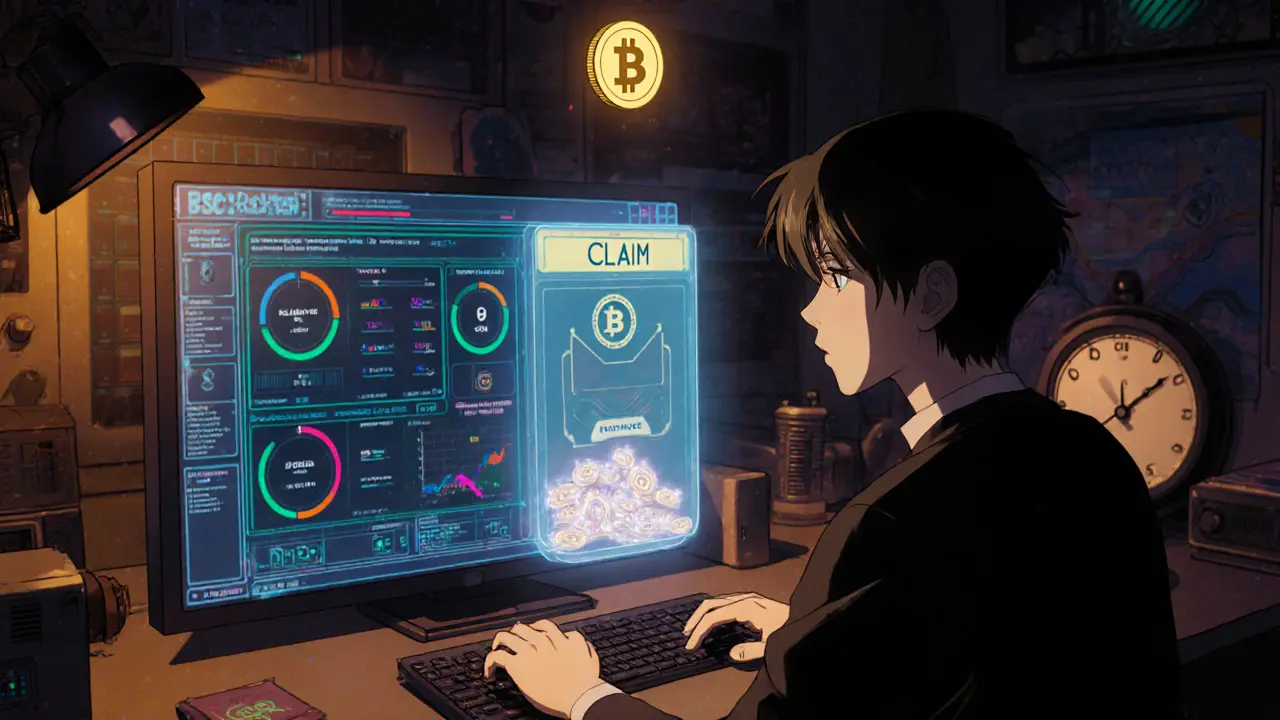 User at a desk claiming ELIXIR tokens, with holographic BNB coin and abstract dashboard interface.