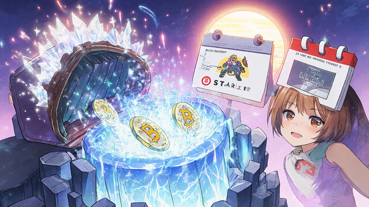 Wallet releasing ELIXIR tokens into a crystal staking pool beside a game beta screen and calendar.