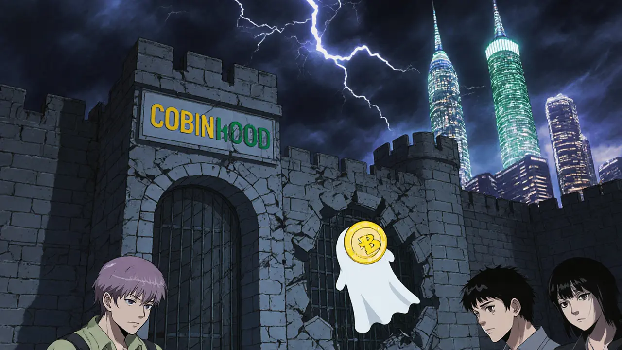 A crumbling Cobinhood fortress with a ghost-like COB token drifting away as bigger exchanges glow in the distance.