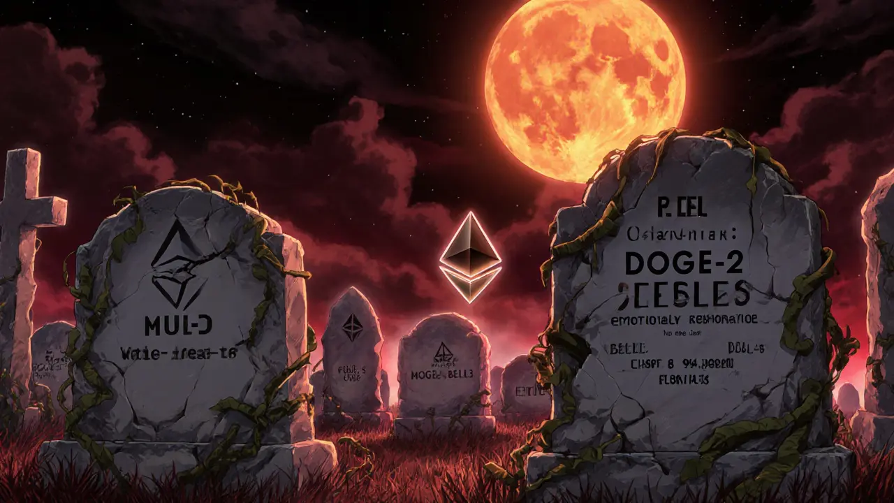 A crypto graveyard with BELLE&#039;s tombstone among other dead tokens under a blood-orange moon.