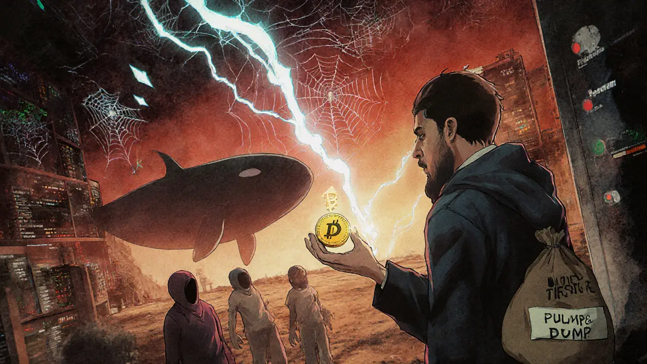 A desperate trader faces a barren market with ghostly buyers and a looming whale, representing the dangers of low liquidity.