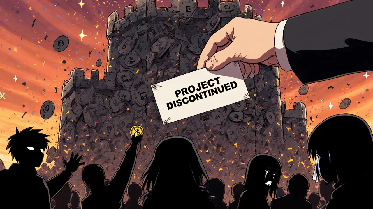 A digital fortress of tokens collapsing as shadowy figures reach into nothingness.