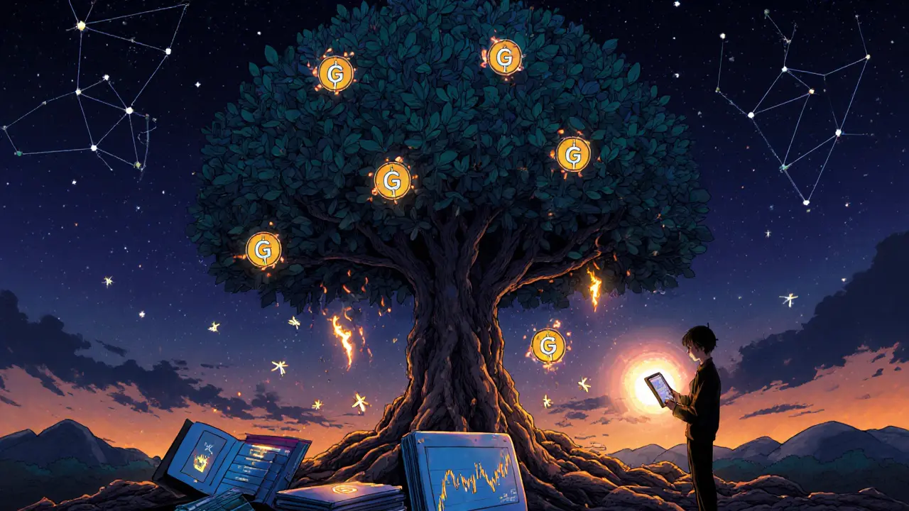 A digital tree of GZONE tokens burns as fireflies fly toward staked wallets under a starry sky.