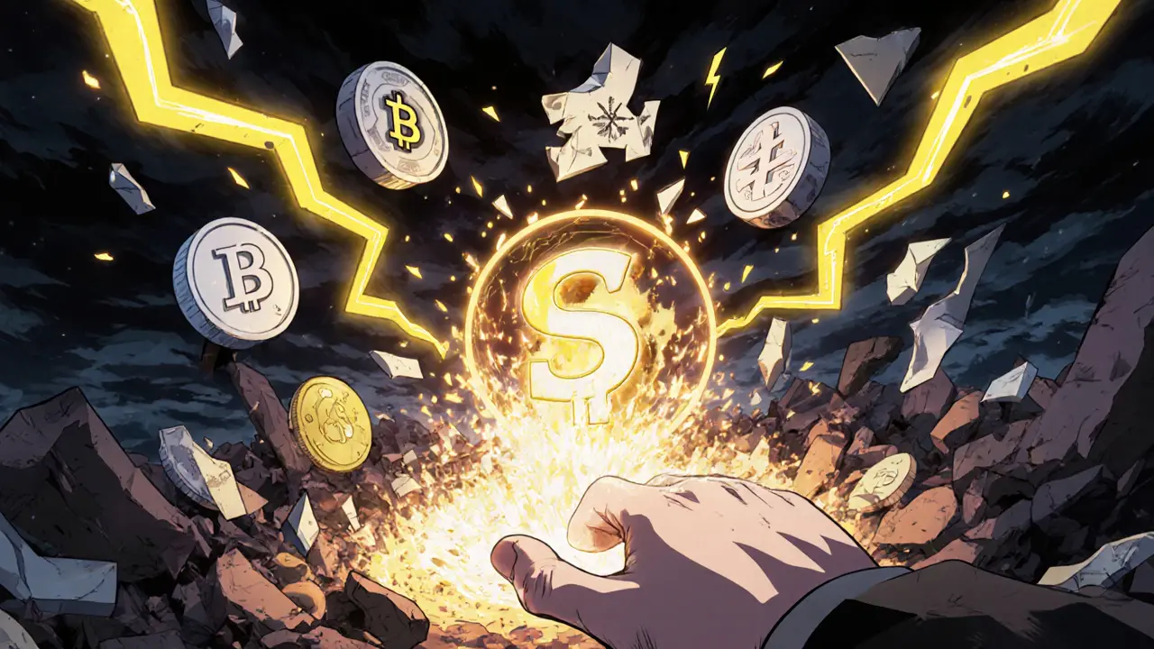 A digital wallet connecting to a blockchain vortex as centralized exchange logos crumble into dust.