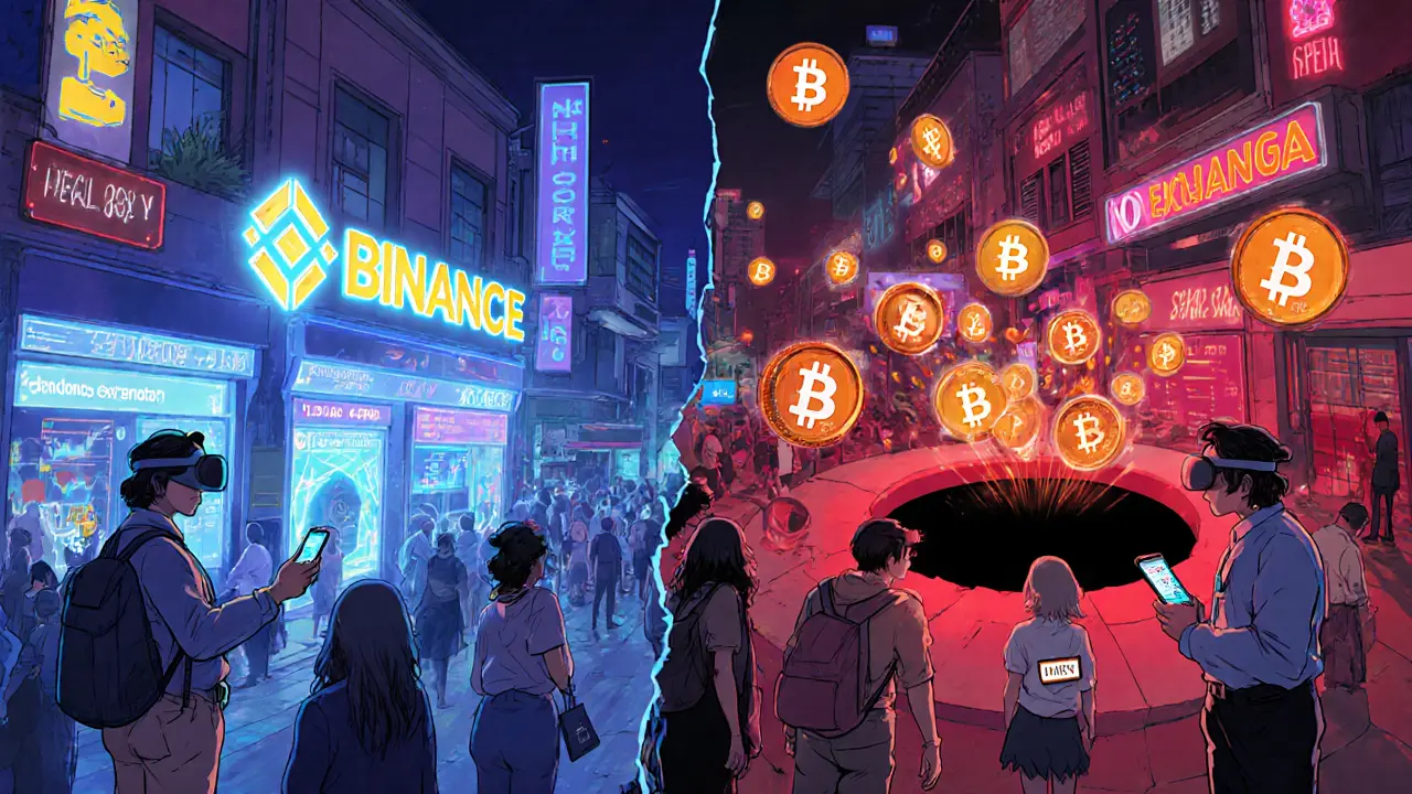 A divided digital marketplace in Bogotá: safe global exchanges glow blue, while a local platform vanishes into a black hole labeled &#039;Me Coin Scam.&#039;