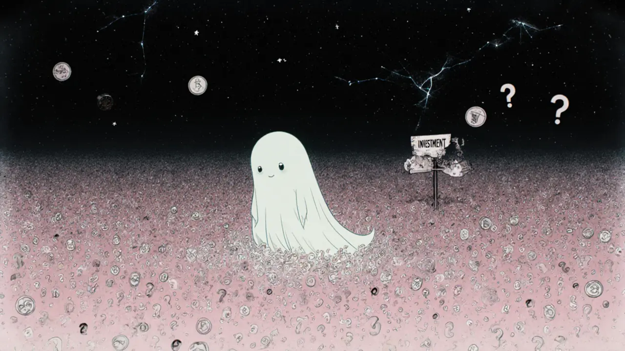 A fragile digital ghost of TROLLGE drifts through a void as token icons fade into static around it.