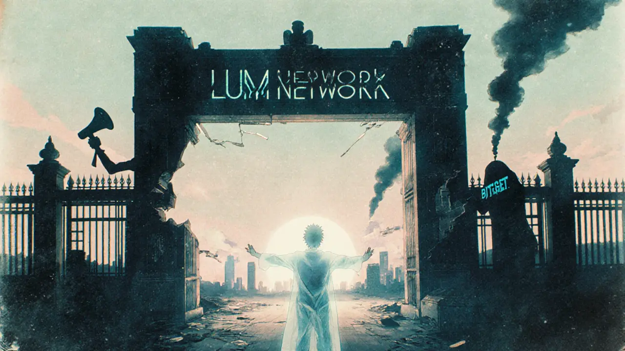 A ghostly developer reaching toward a broken gateway labeled &#039;Lum Network&#039; while a shadowy figure shouts promises.