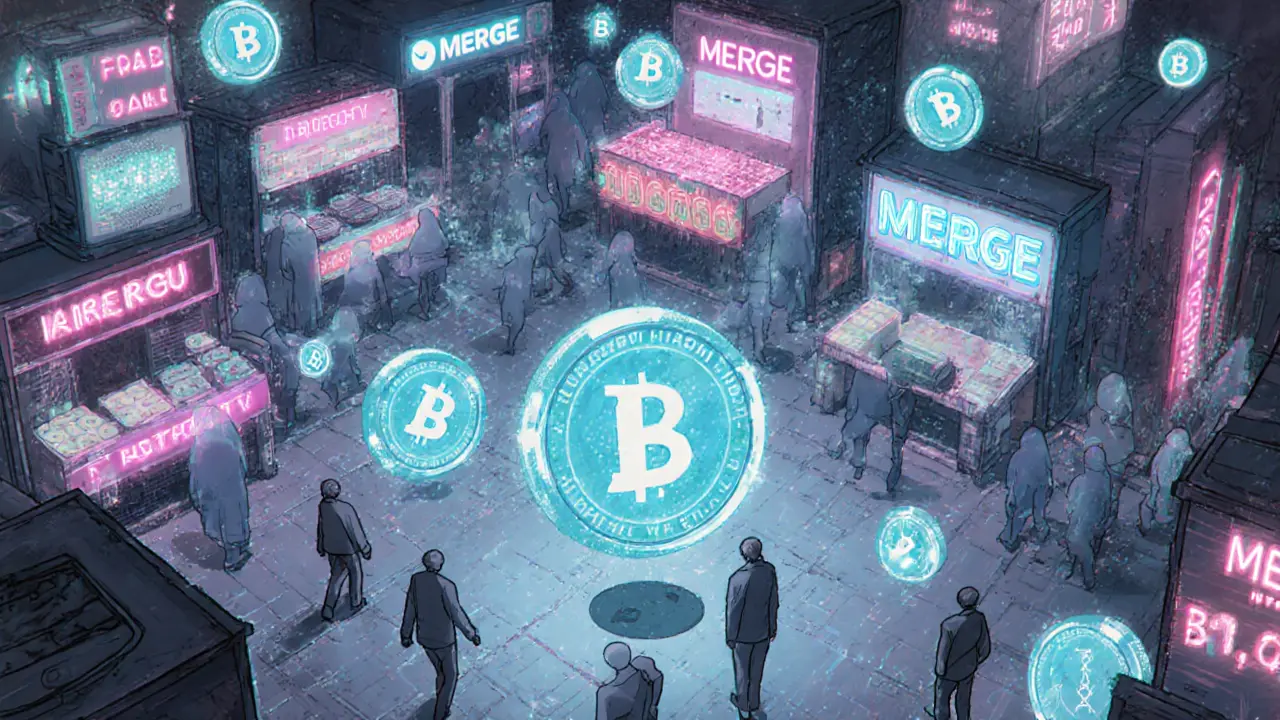 A ghostly digital marketplace with floating MERGE tokens, most stalls empty, in a nostalgic anime cyberspace.