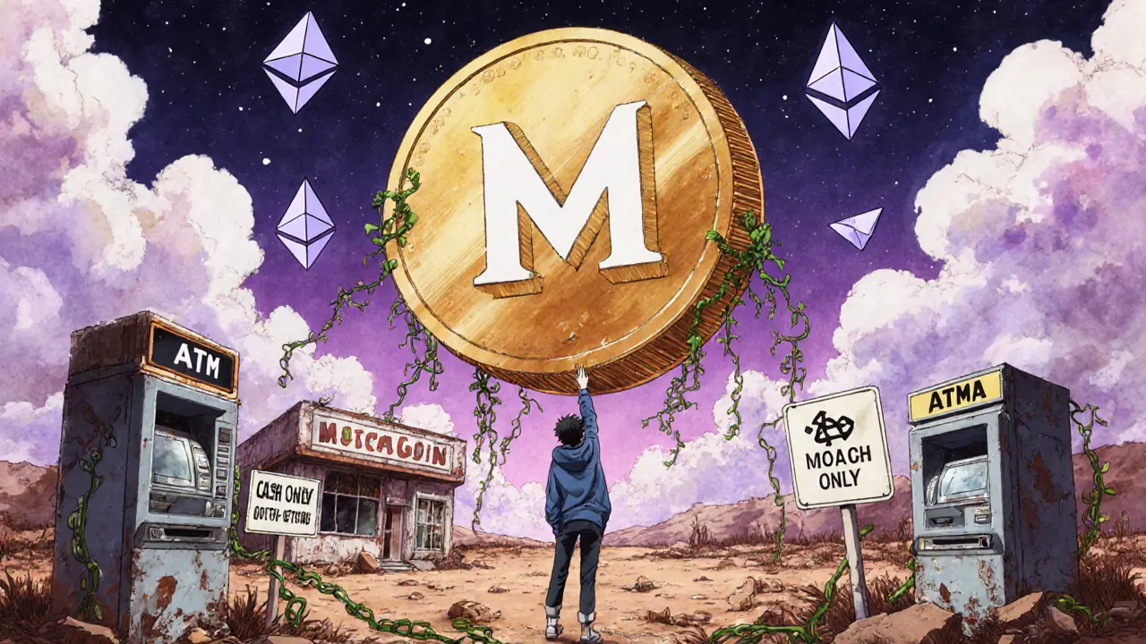 A giant MotaCoin token looms over abandoned dispensaries in a dreamlike, decaying landscape.