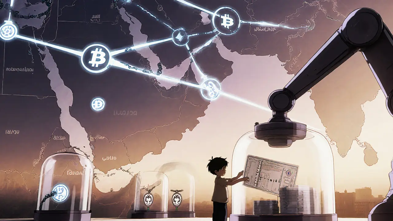 A glowing GCC CBDC network connects nations, while chained crypto paths are sealed by government seals.
