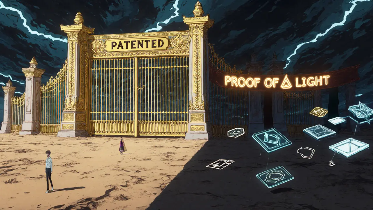 A grand &#039;PATENTED&#039; gate blocks a wasteland where only 12 empty wallets float, while real blockchains shine beyond.