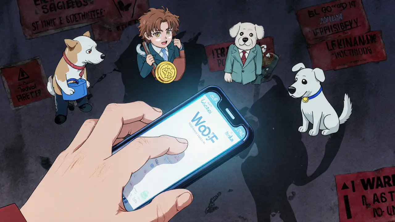 A hand clicking a crypto app while four shadowy WOOF tokens loom behind, each representing different risks.