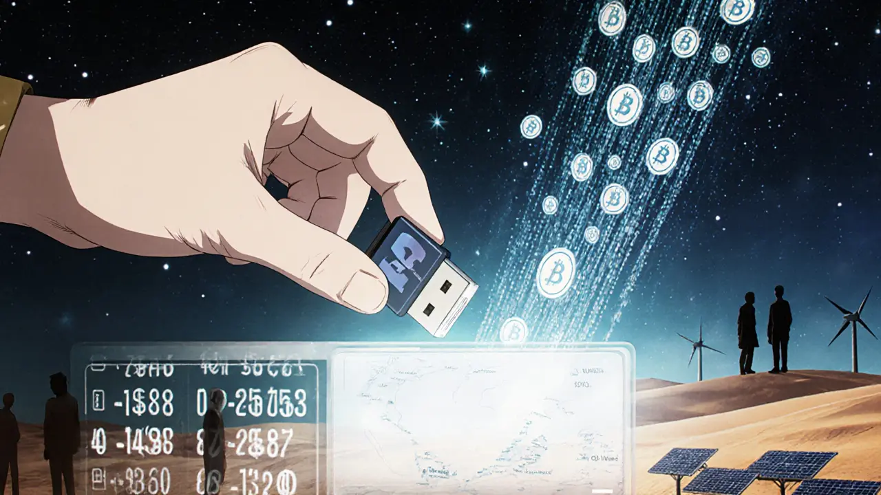 A hand inserts a USB drive as 88 NFTs rise into the sky, with global users sending remittances in the background.