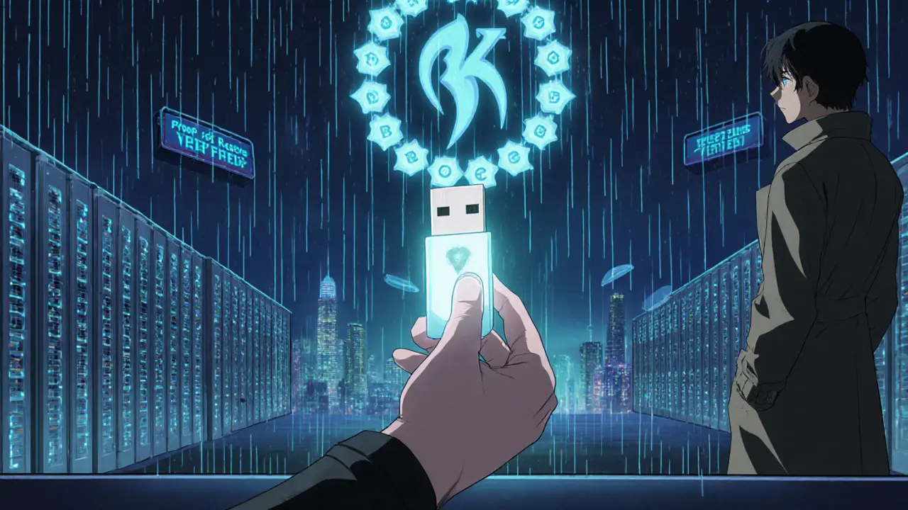 A hand inserts a USB drive into a secure cold storage vault with holographic security symbols, bathed in blue neon light.
