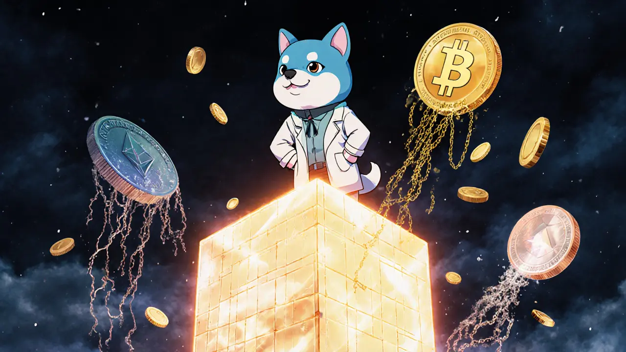 A heroic WOOF Labs dog mascot stands on a glowing CoreDAO tower, while other WOOF tokens crumble in darkness.