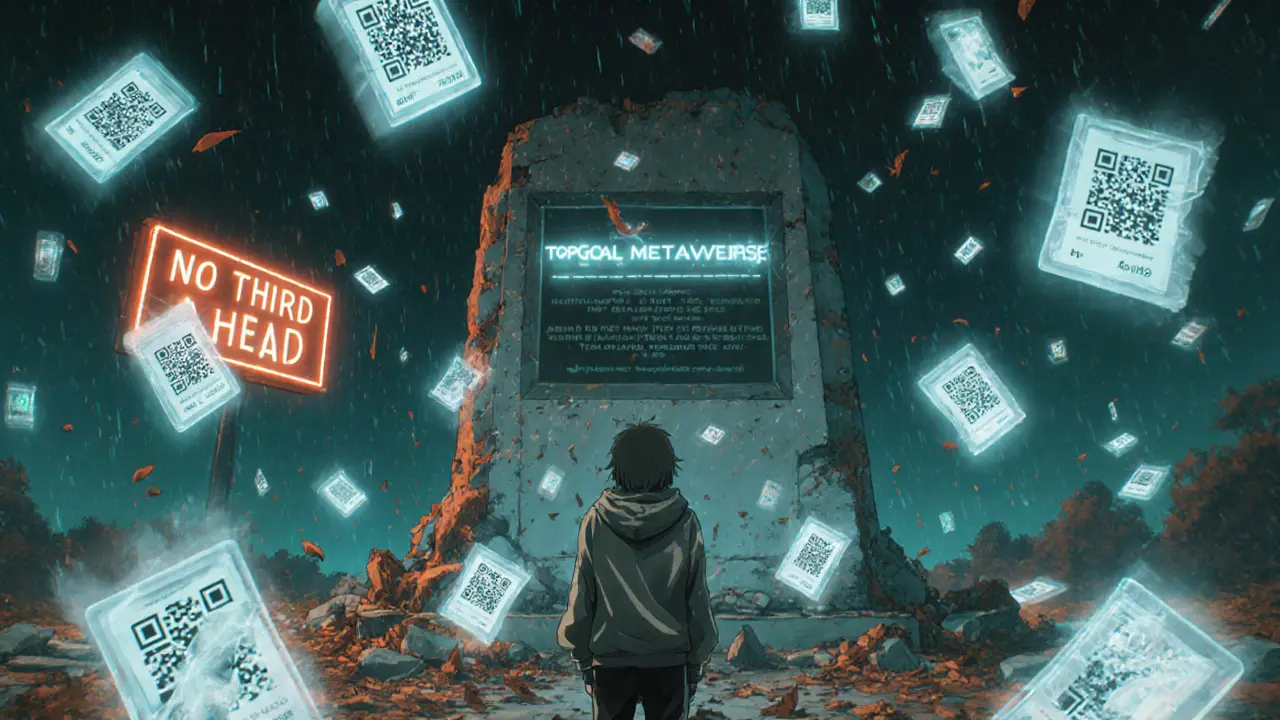 A lonely figure stands before a crumbling digital monument as ghostly NFT cards drift away in a silent void.