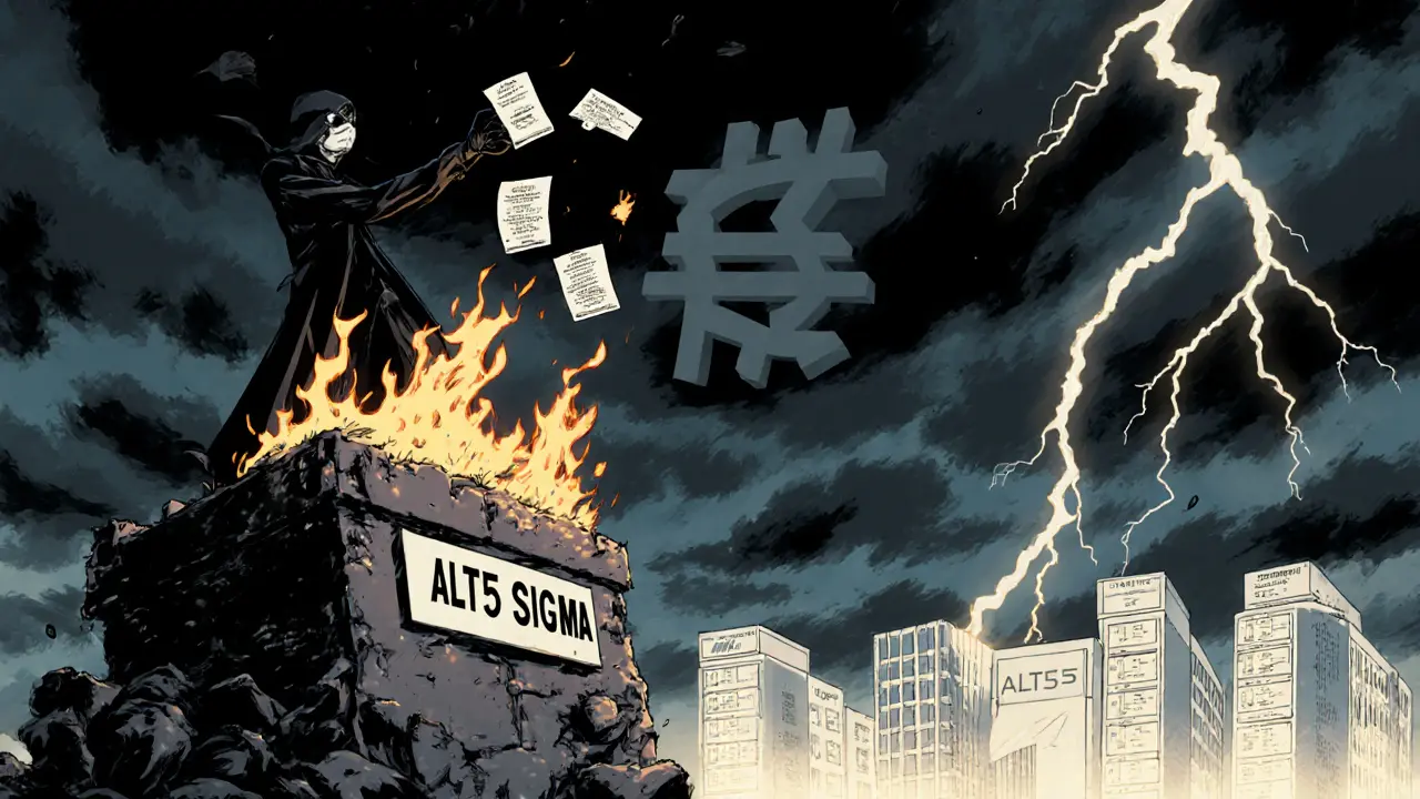 A masked figure destroying fake scam ads while a secure server farm glows below, under a stormy sky shaped like stock symbols.