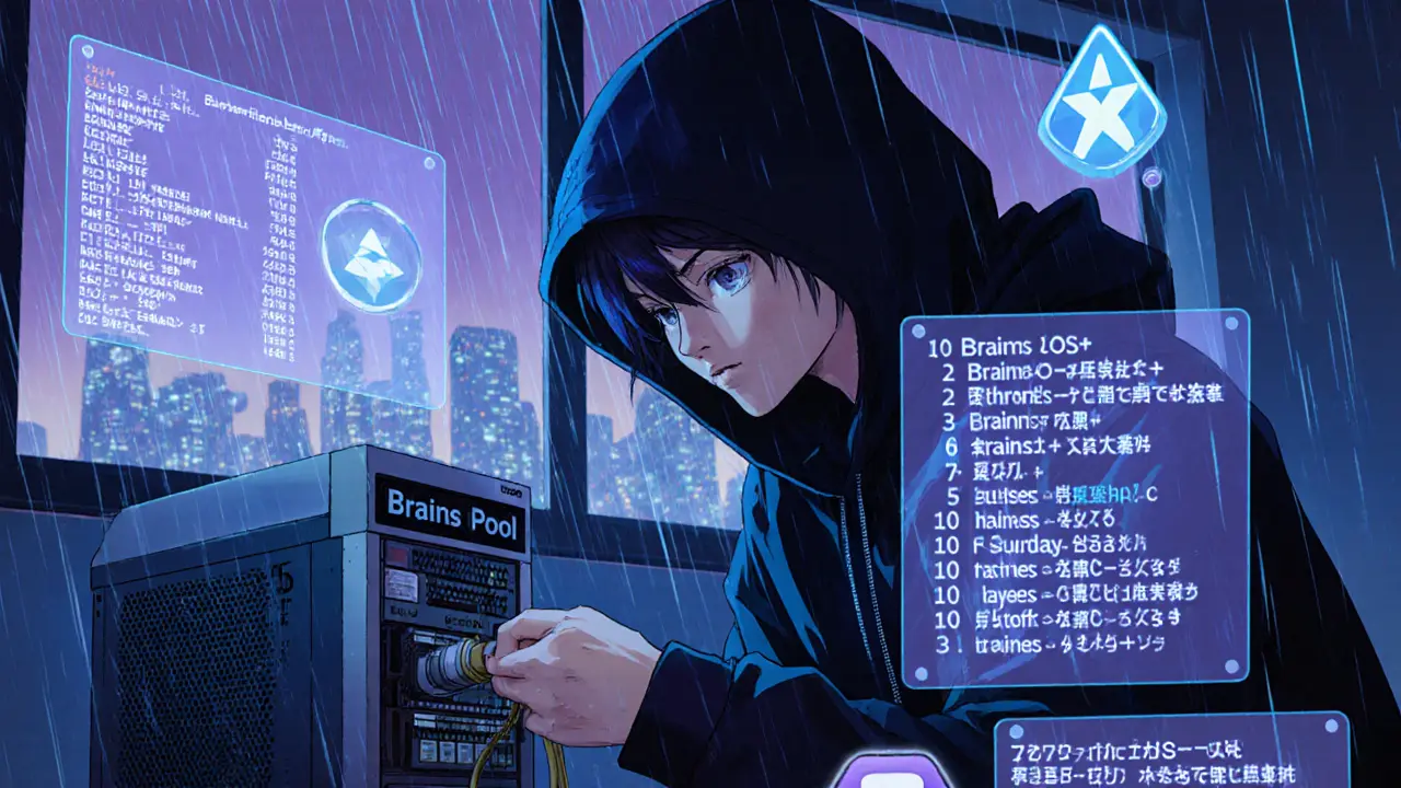 A miner connects an ASIC rig to Braiins Pool with floating code and zero-fee symbols.