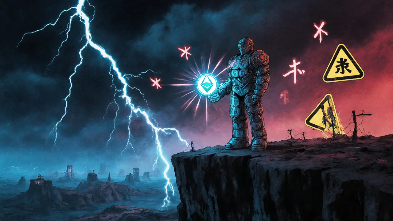 A robot validator holds an ezETH token, powering distant protocols under a stormy digital sky.