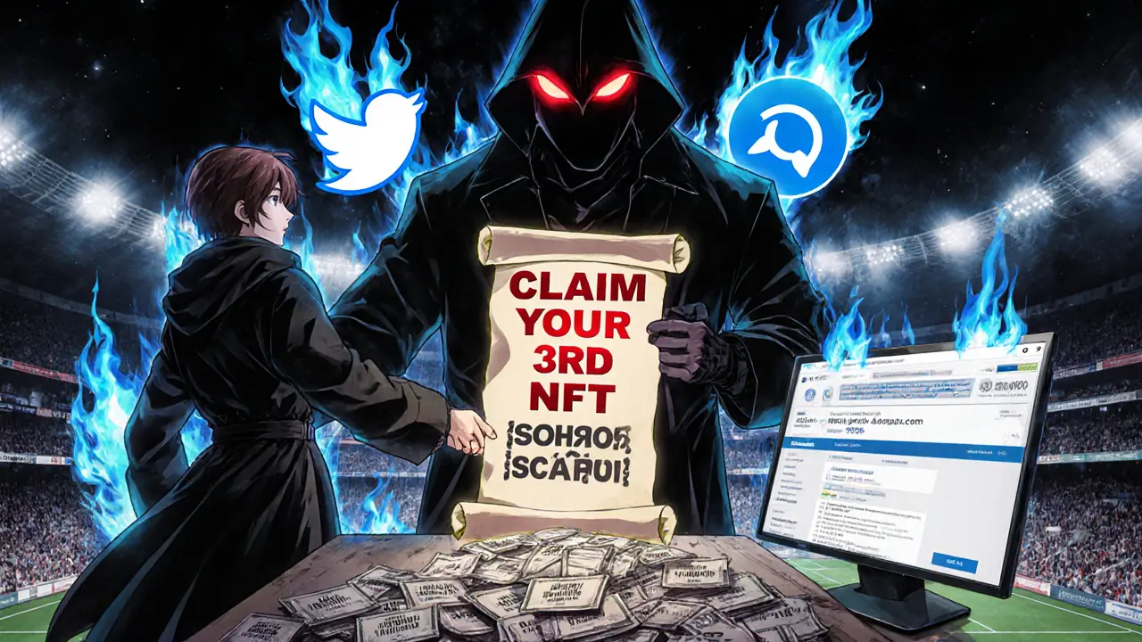 A scammer offers a fake NFT claim to a fan while official logos burn behind them, contrasting with thriving football NFTs.