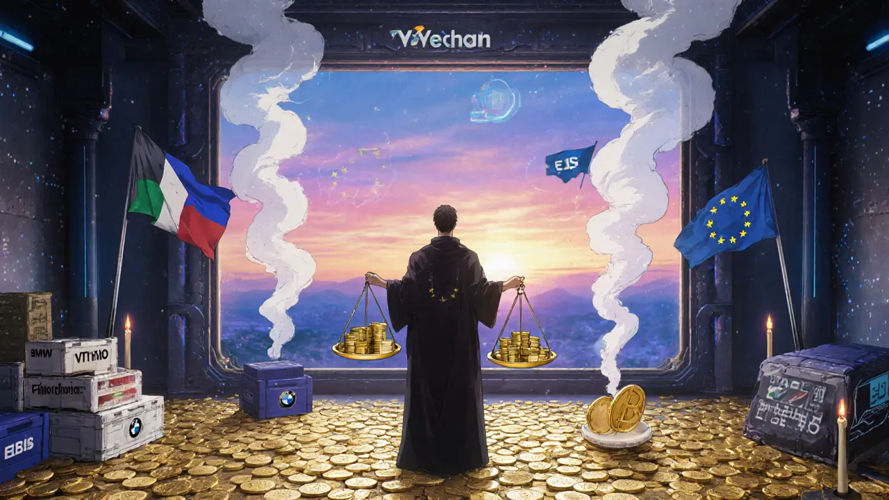 A symbolic figure holds a scale balancing enterprise use cases against shrinking VTHO supply in a digital throne room.