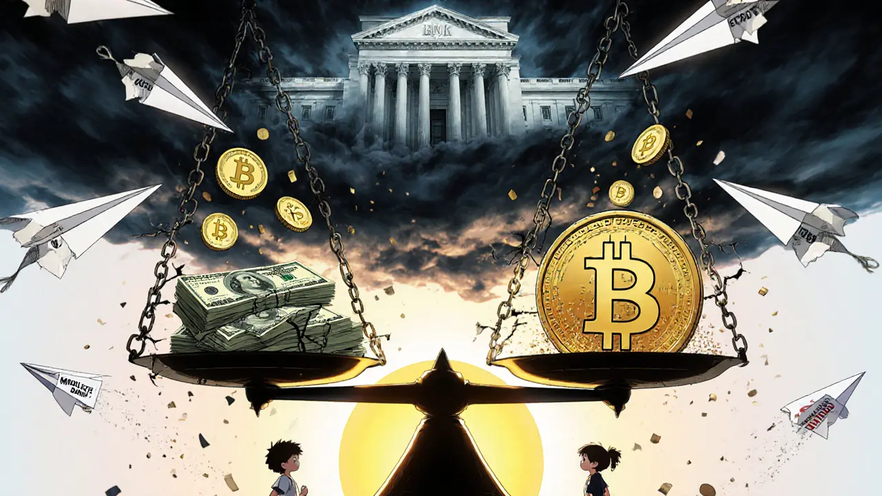 A symbolic scale with US dollars versus Bitcoin, crumbling chains and digital coins turning to dust under a stormy sky.