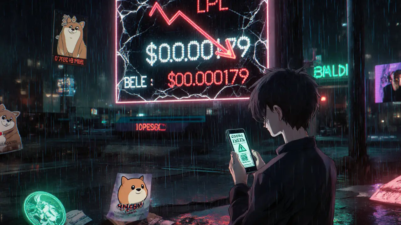 A trader stares at a smartphone showing zero volume for BELLE, while glowing memecoins shine in the background.