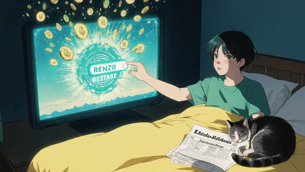 A user clicks to restake ETH while a cat sleeps beside tax papers, with a glowing EigenLayer core above.