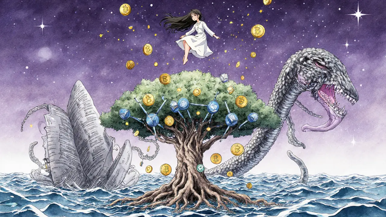 A woman hovers above a blockchain tree with golden reward particles, as a digital kraken rises from an ocean of secure chains.