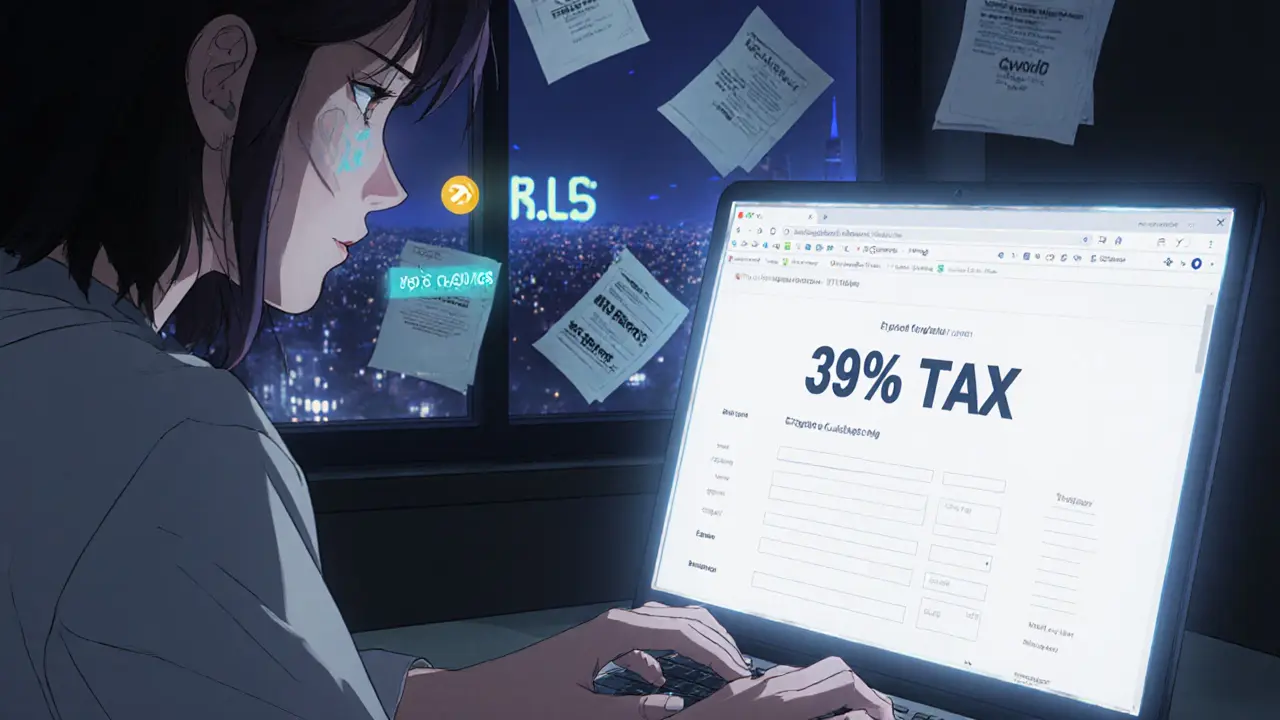 A woman typing crypto taxes on her laptop, haunted by ghostly legal documents, under flickering neon text &#039;Bill 325&#039; in a 90s anime aesthetic.