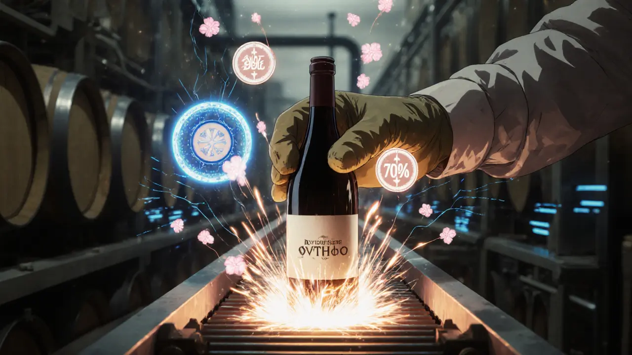 A worker places a wine bottle on a conveyor as holographic VTHO tokens burn away in a 70/30 split above it.