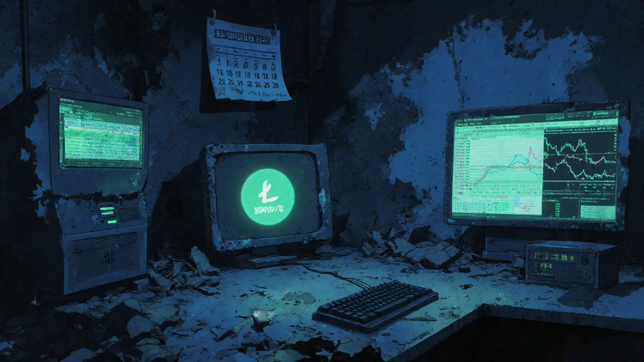 An abandoned blockchain control room with dead monitors showing <h2>No community. No conversation. No proof.</h2> market caps and a broken keyboard.