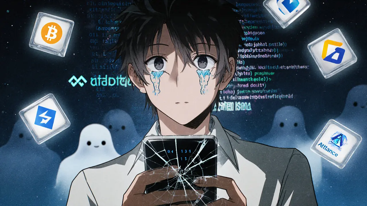 An investor stares at conflicting prices on a cracked phone, surrounded by broken crypto logos and binary tears.