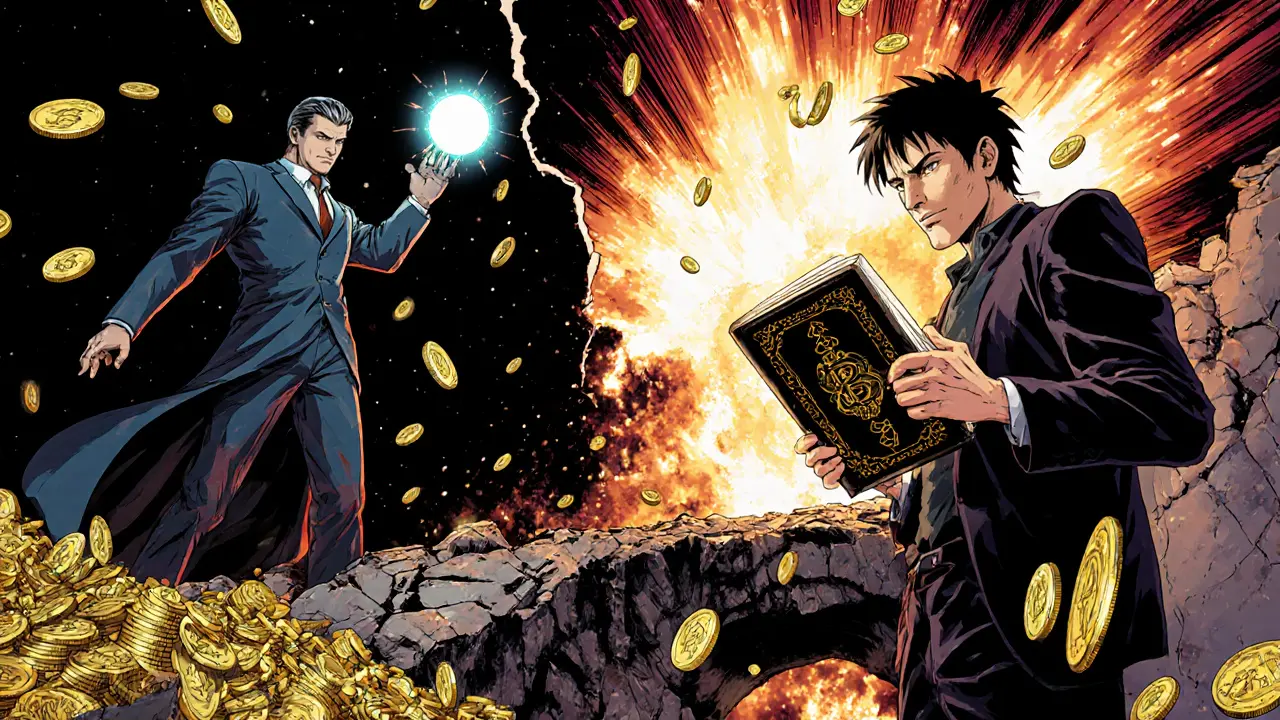 CertiK and OpenZeppelin auditors stand atop a collapsing blockchain bridge as crypto coins fall into darkness.