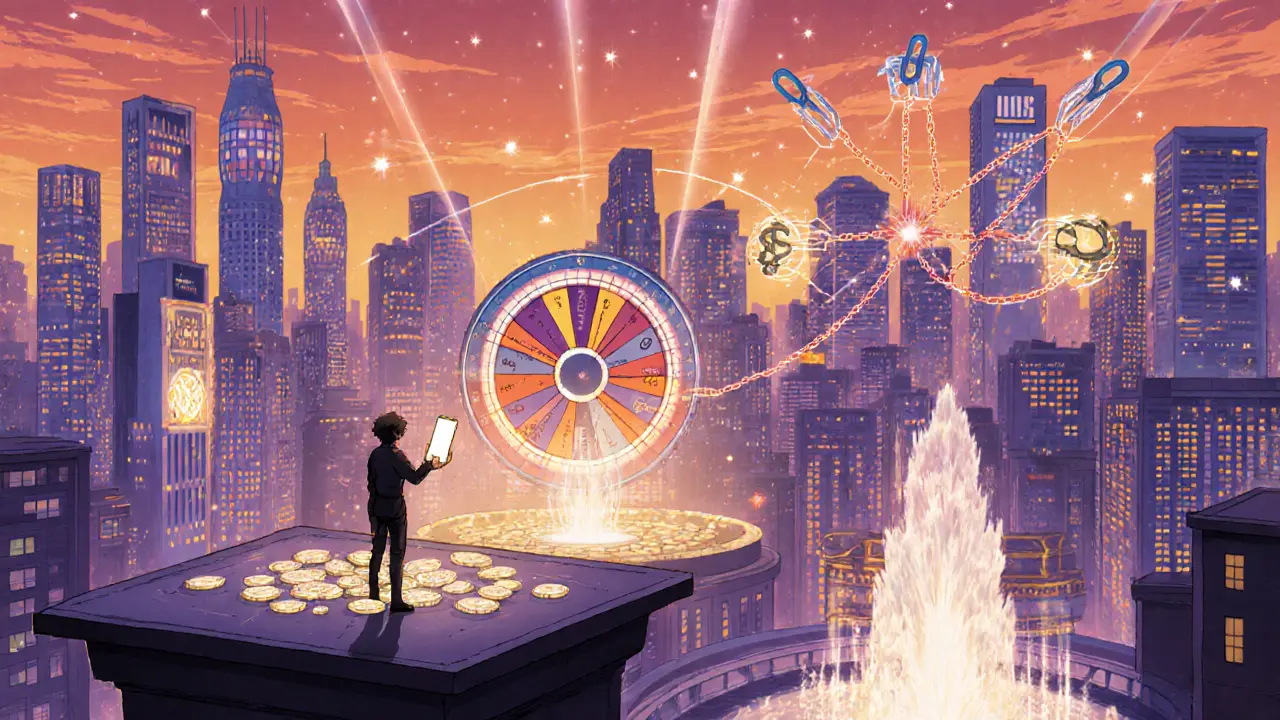 Cityscape of financial protocols interconnected with glowing chains under a sunset sky.