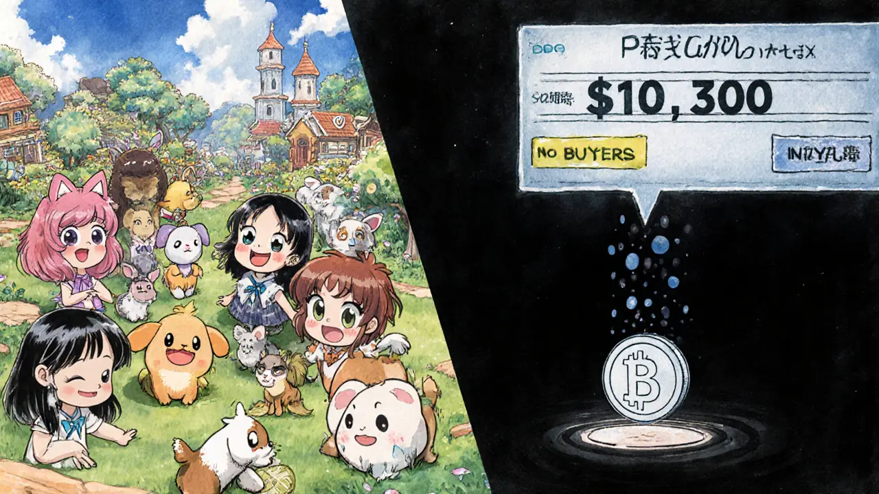 Contrasting vibrant game world with a collapsing token economy in a melancholic 90s anime scene.