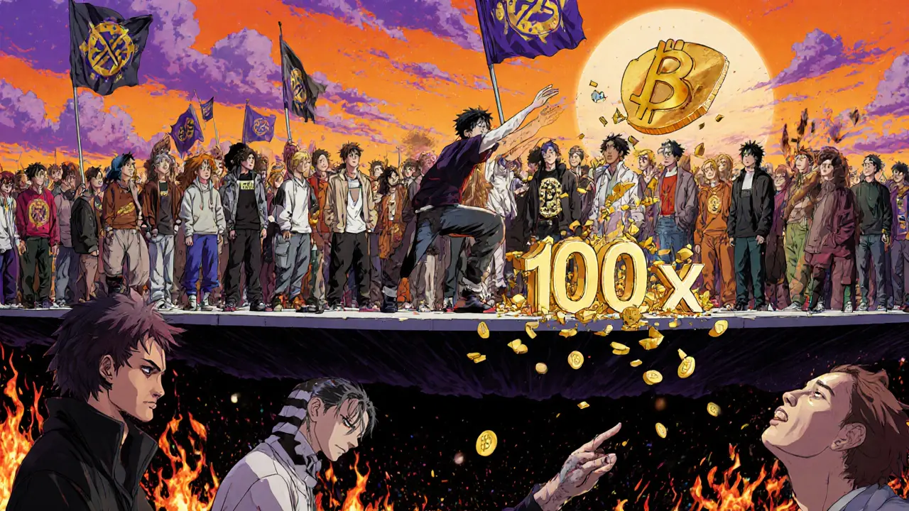 Crowd of people hold ARG tokens as flags above a digital abyss, one reaching for a crumbling 100x sign.