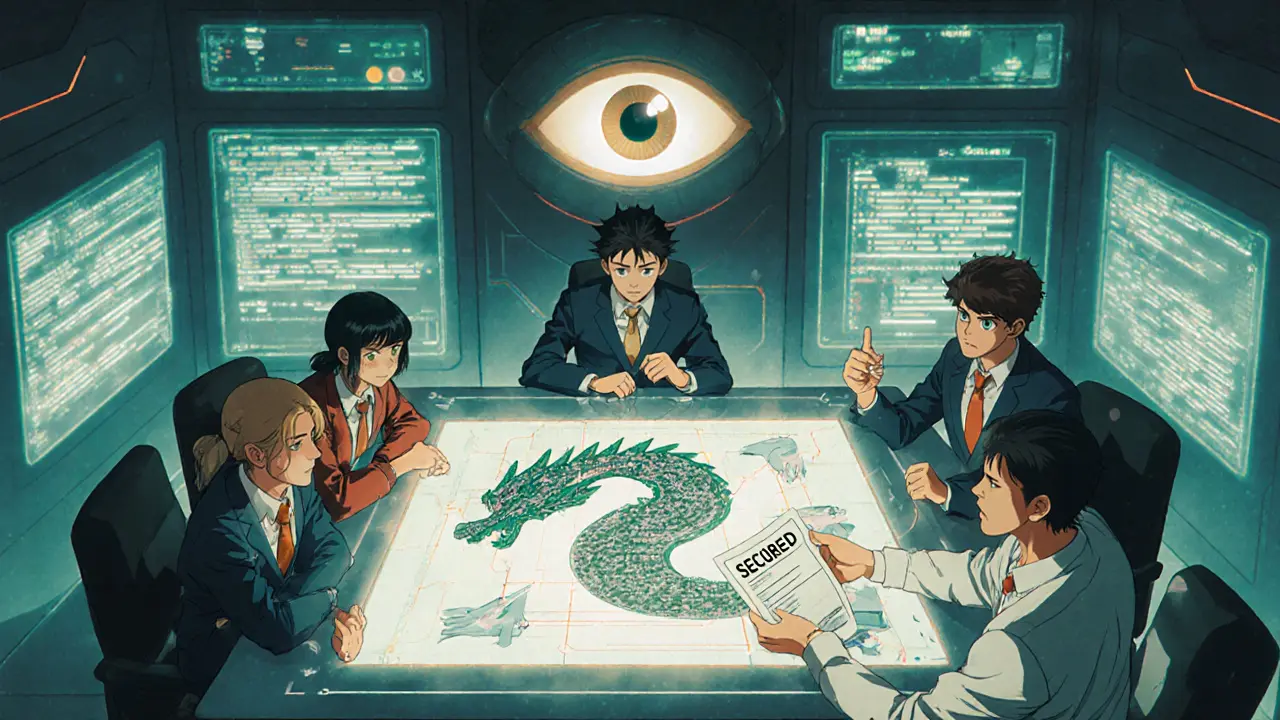 Diverse blockchain developers review a dragon-shaped smart contract in a futuristic audit room under an AI eye.