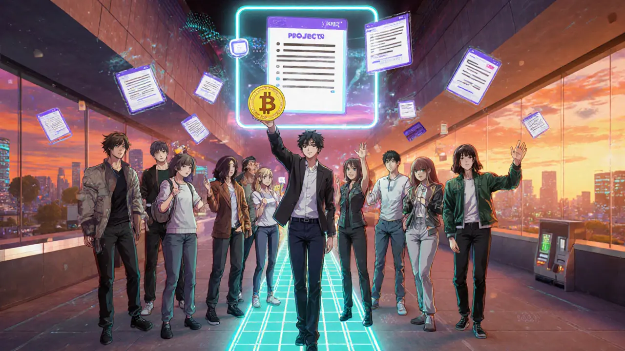 Diverse users in a digital metaverse hub vote on proposals using holograms projected from their NFTs.