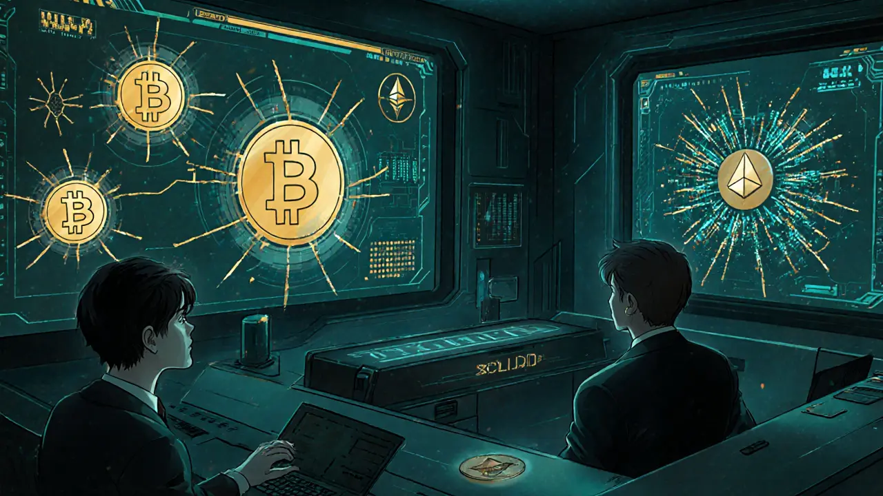 Dubai officials monitor a holographic digital dirham network while banned crypto symbols shatter nearby.