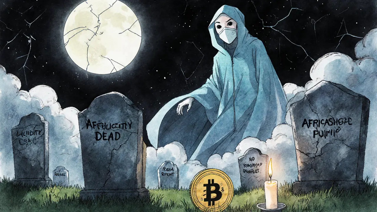 Ghostly developer floats above a crypto graveyard with ARG tombstone, candle burning under moonlight.
