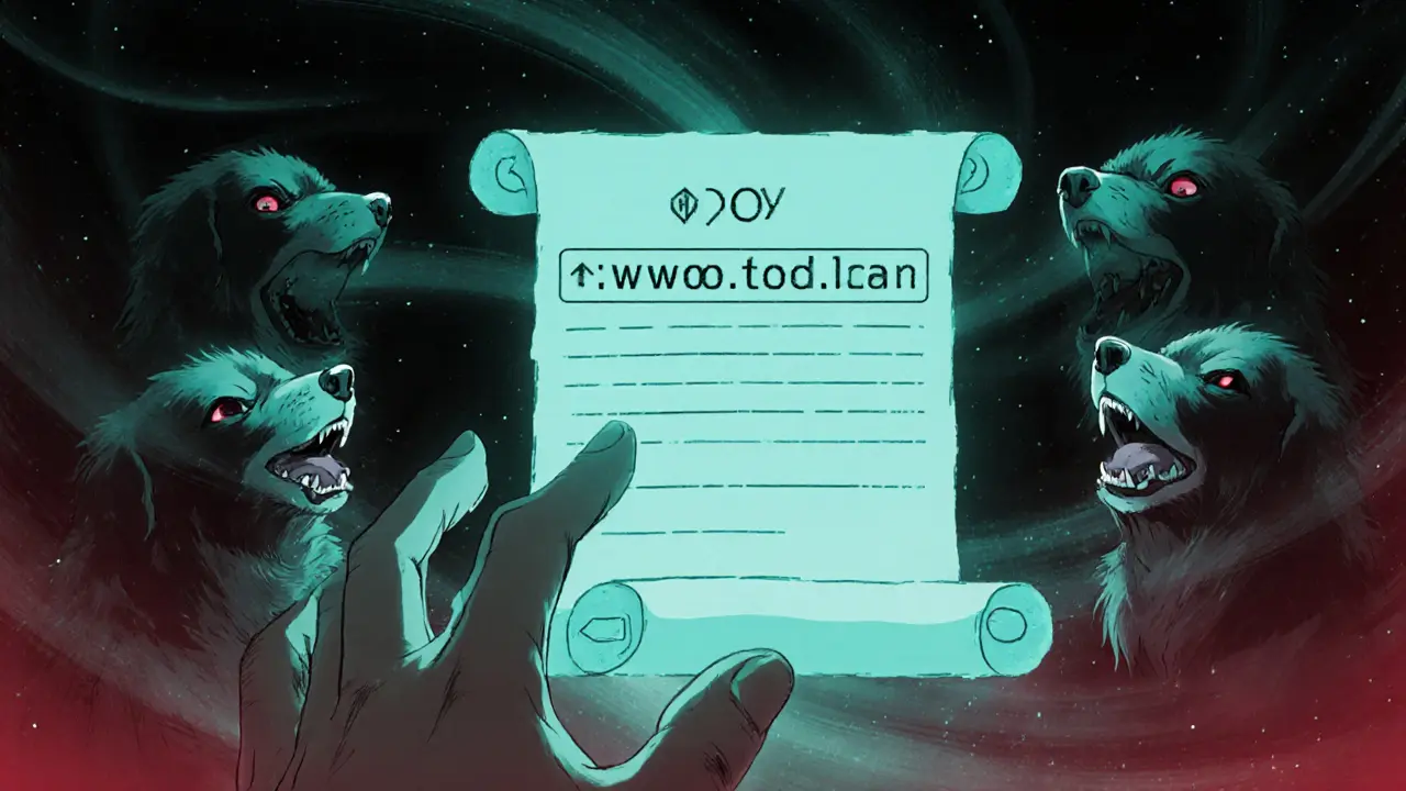 Glowing contract scroll with four spectral dog heads representing different WOOF tokens in digital void.