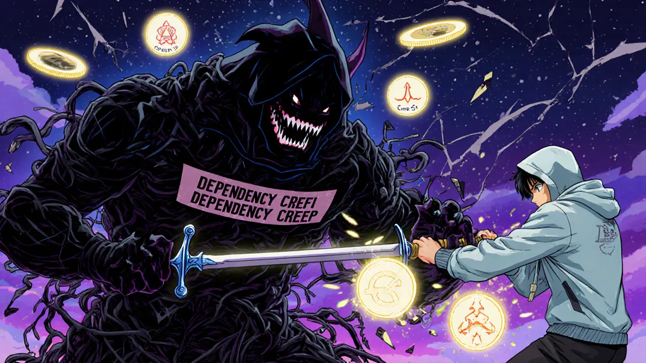 Hero fighting a shadow monster made of broken smart contracts with glowing DeFi apps behind.