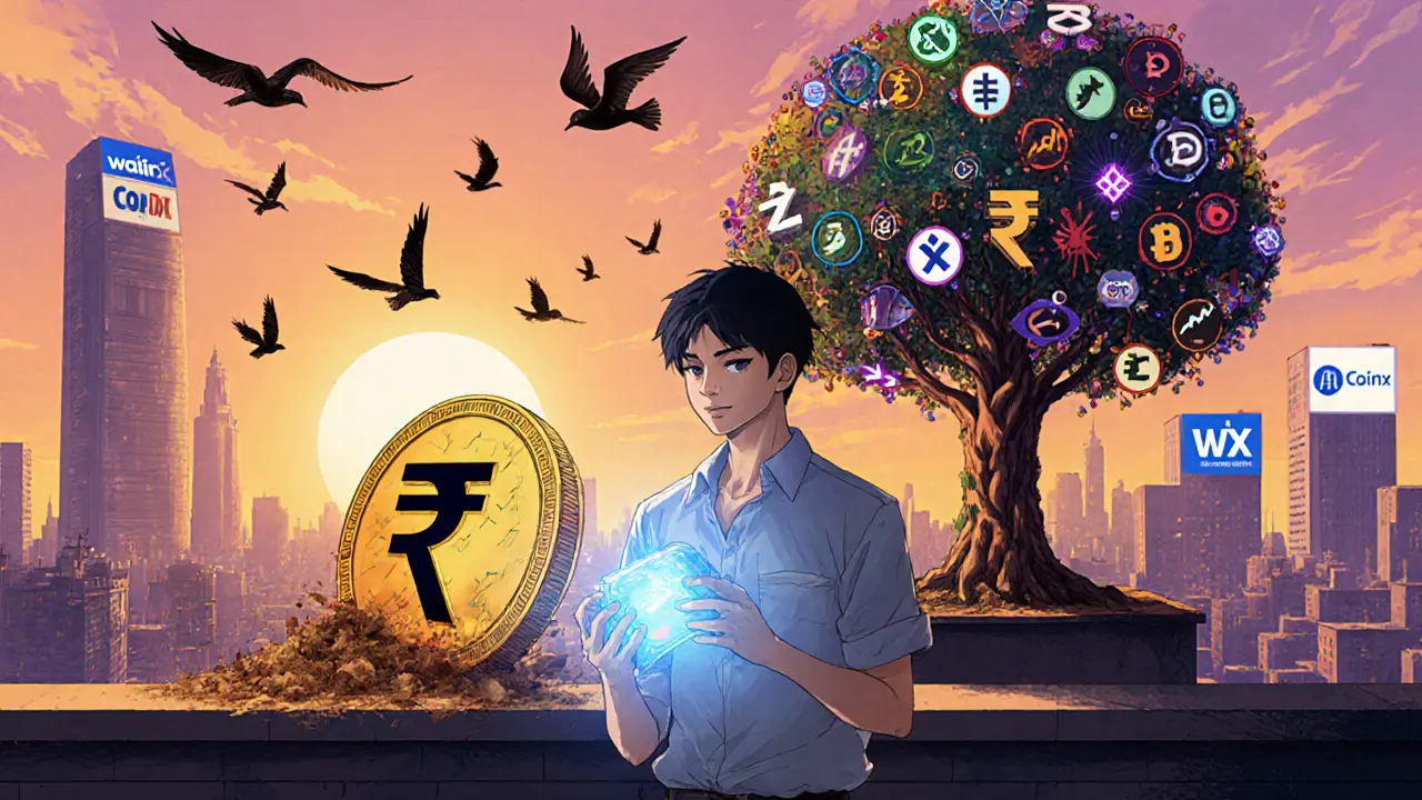 Investor on rooftop with cold wallet as blockchain tree grows over city skyline.