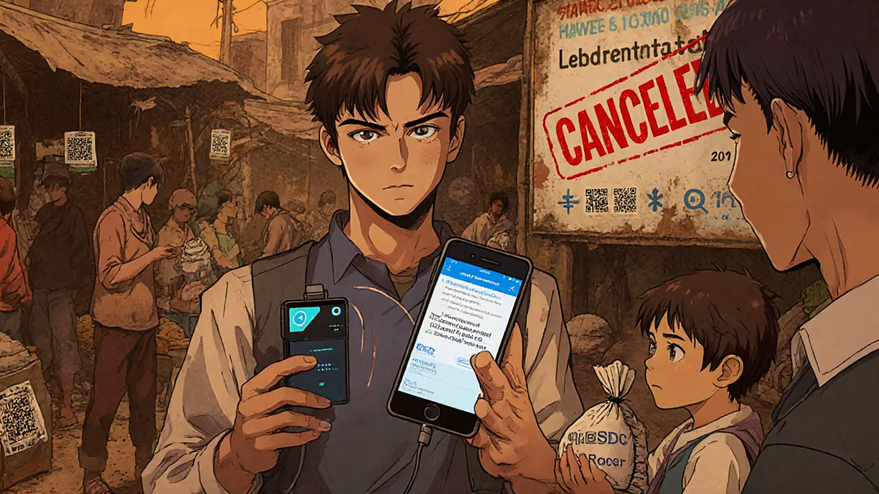 Man in a market using a hardware wallet to receive crypto payments for food from a child.