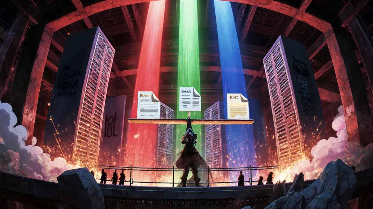 Massive server towers pulse with energy, balanced by KYC documents and open-source code.