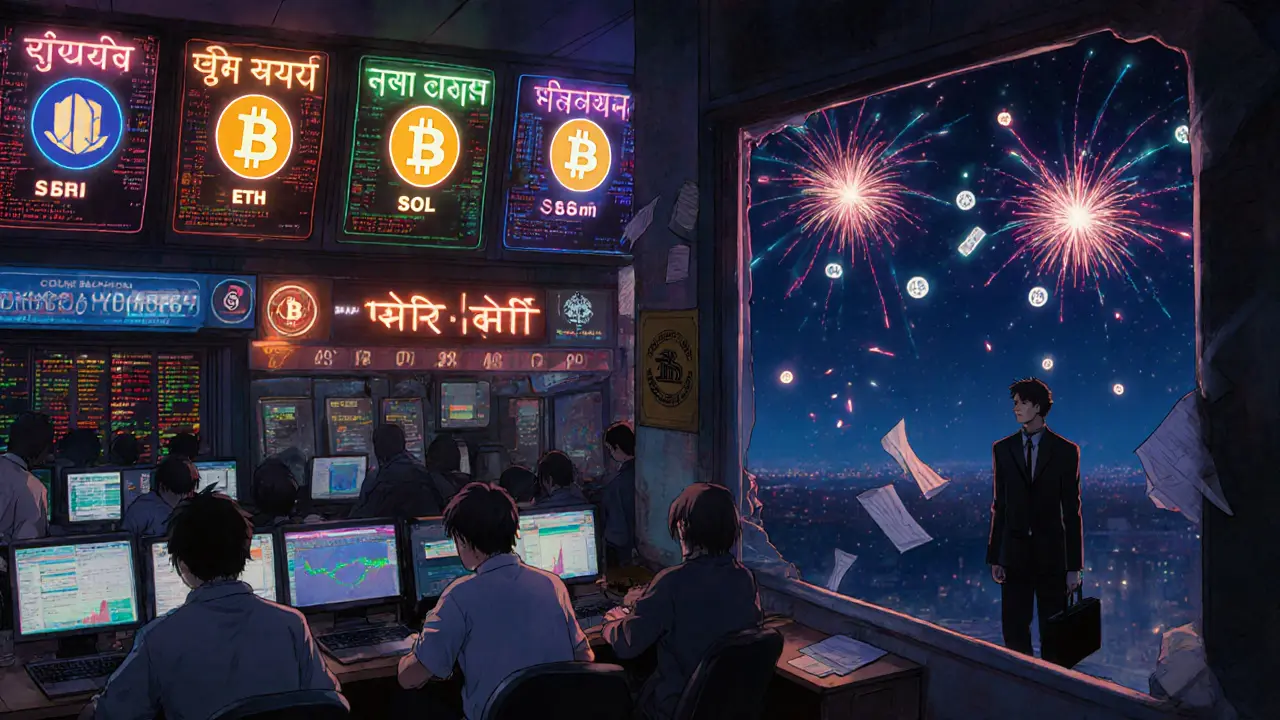 Neon-lit crypto exchange floor with young traders and pulsing digital currency icons.