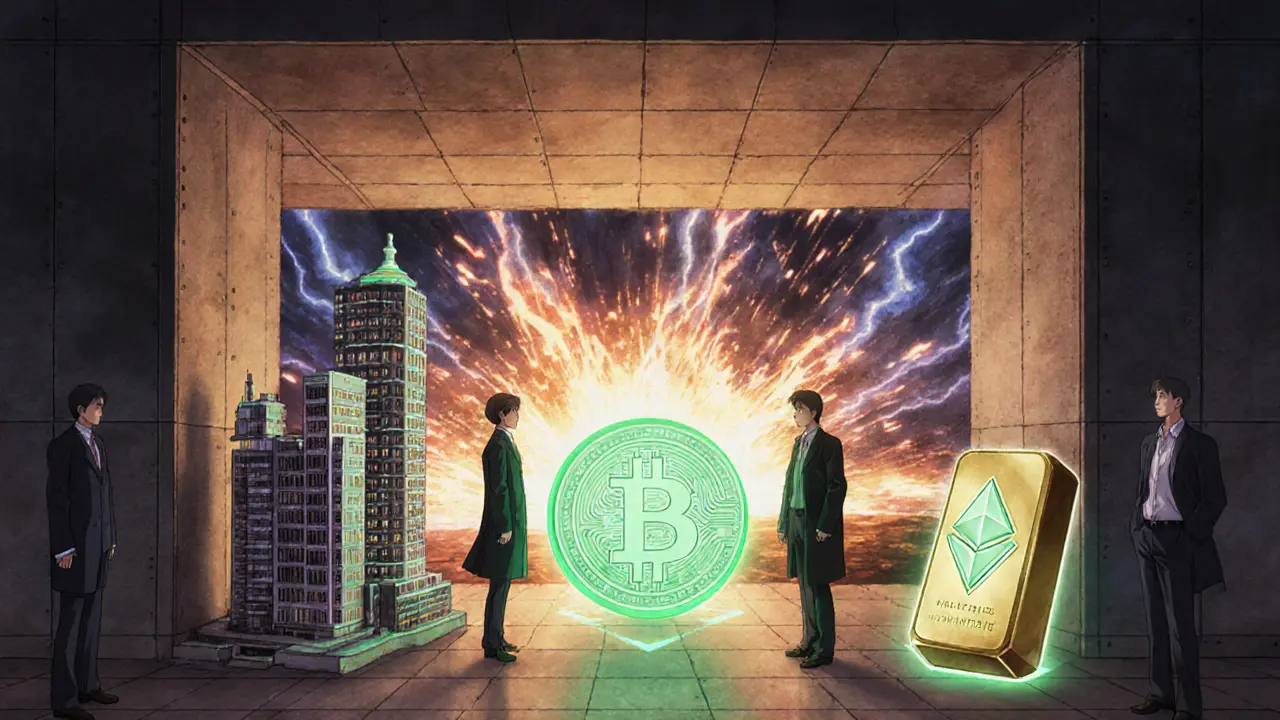 Serene vault with tokenized real-world assets glowing softly, calm investors nearby while crypto chaos fades in background.