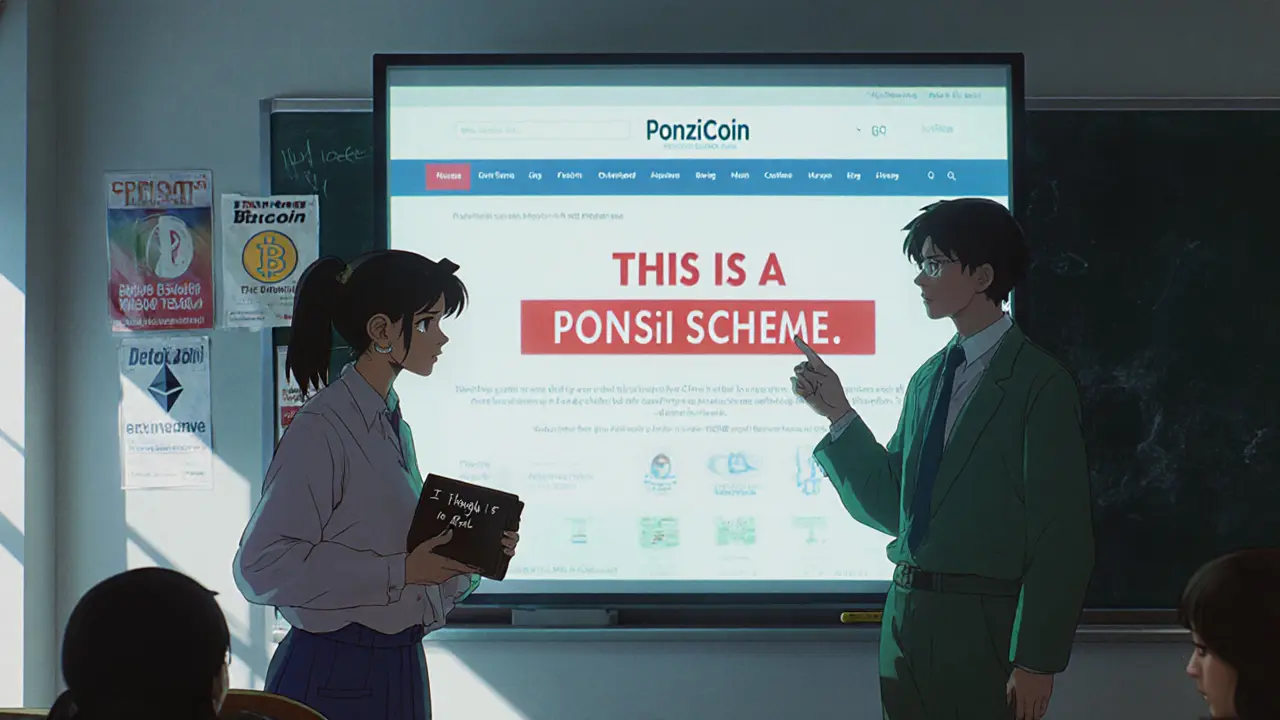 Students in a 90s classroom watching a hologram of PonziCoin&#039;s warning message.
