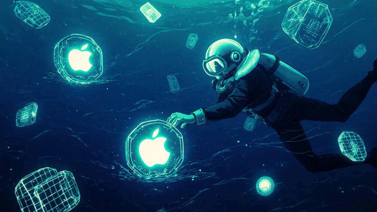 Synthetic asset tokens drifting underwater, representing decentralized finance.